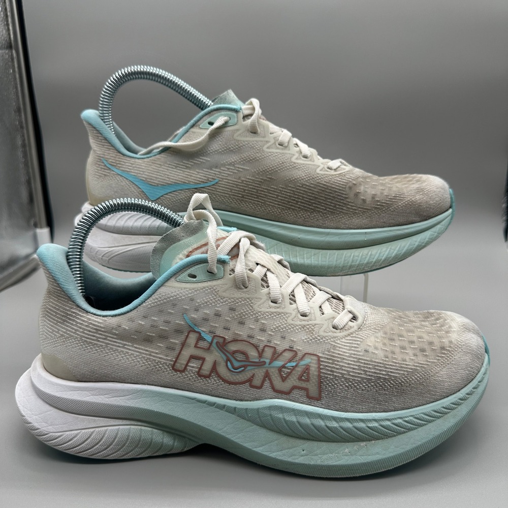 Hoka Mach 6 Running Shoes Womens 8B White Frost Gray Blue Athletic Sneakers